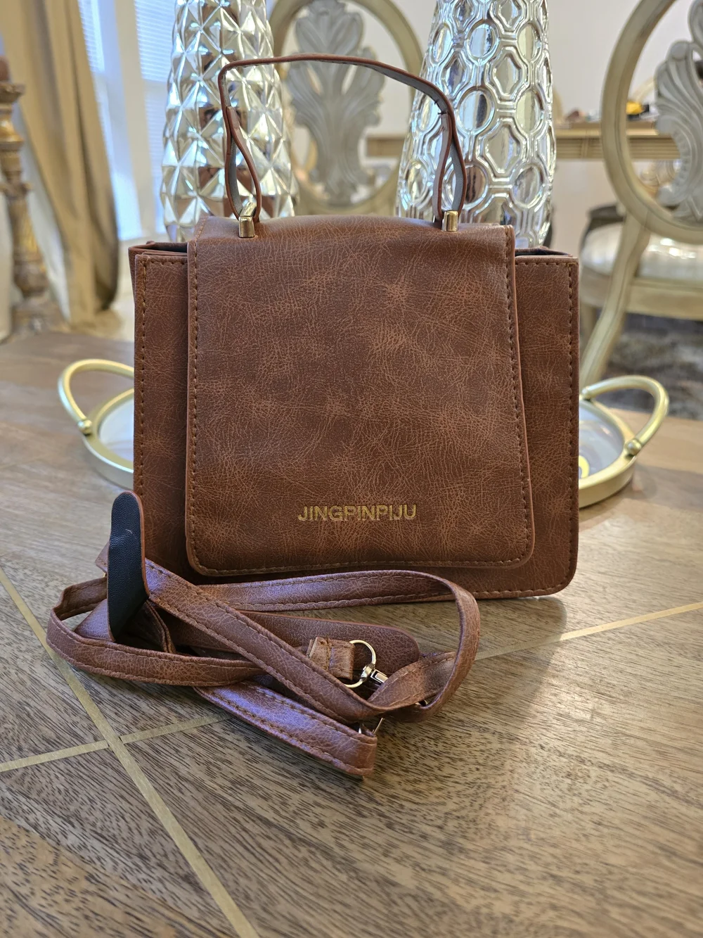 JINGPINPIJU Brown Top-Handle Satchel Bag